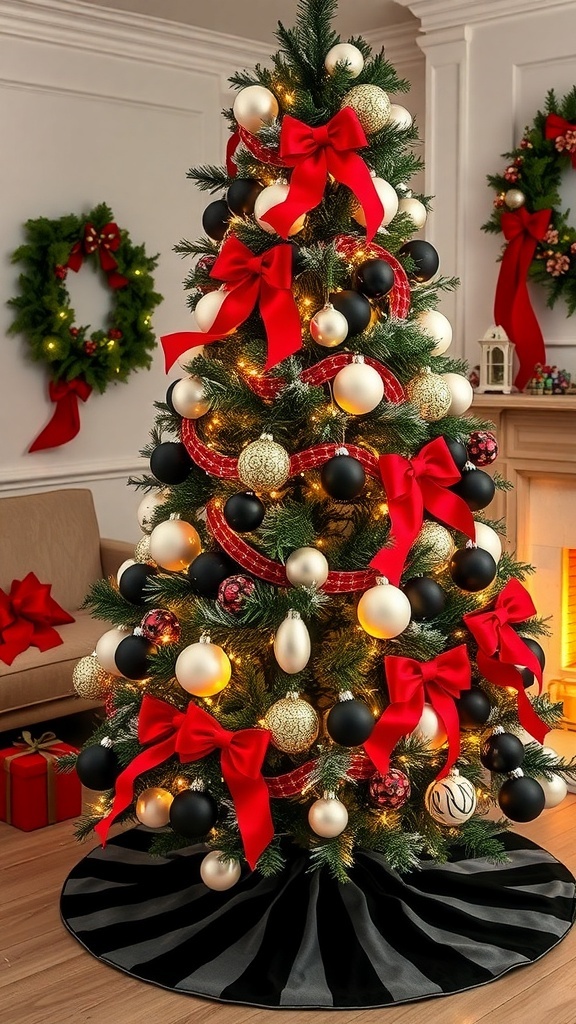 A Christmas tree decorated in black, white, and red with ornaments, ribbons, and lights.